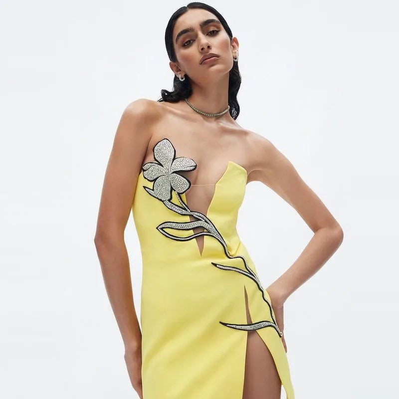 Women's Plus Size Midi Evening Diamond Flower Slit Sleeveless Woman Prom Dresses Party Evening Sexy Dress